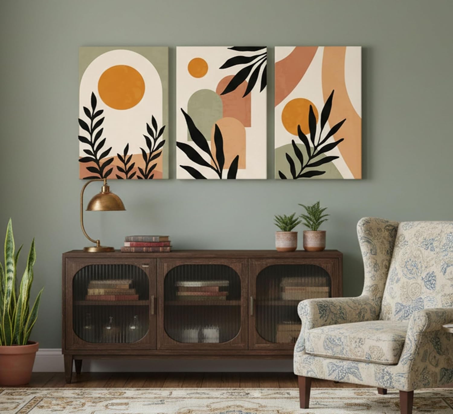 3 Pcs Mid Century Modern Boho Sun Canvas Wall Art | Neutral Abstract Minimalist Bohemian Mountains Plants Picture Wall Decor Poster Prints Artwork for Bedroom Living Room Home