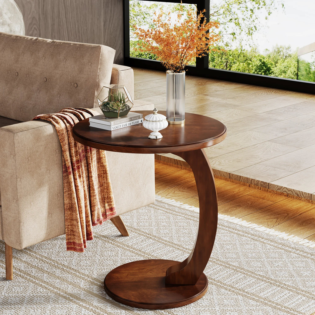 round End Table, Wood C-Shaped Side Table, Small Couch Side Table, Mid-Century End Table, Retro Side Table