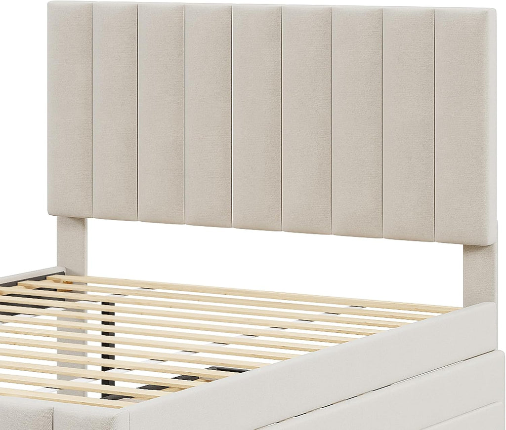 Full Size Bed Frame with Twin Trundle Bed and Storage Drawers,Linen Upholstered Bed Frame,Full Size Trundle Bed with Adjustable Headboard for Kids Teens Adults,Beige