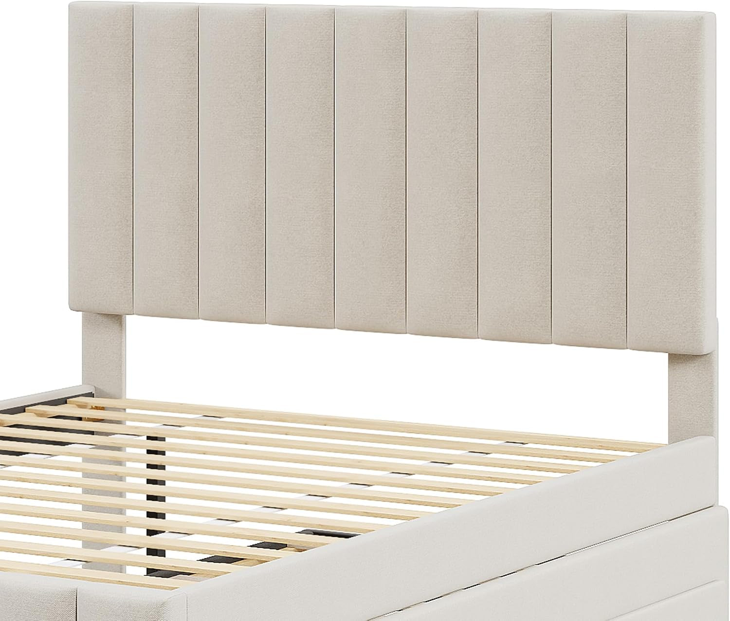 Full Size Bed Frame with Twin Trundle Bed and Storage Drawers,Linen Upholstered Bed Frame,Full Size Trundle Bed with Adjustable Headboard for Kids Teens Adults,Beige