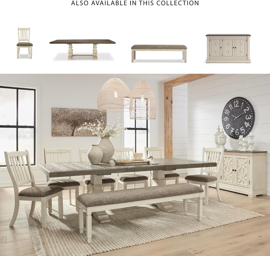 Signature Design by Ashley Bolanburg 65" Farmhouse Upholstered Dining Bench | Plush Foam Cushion for Cozy Seating, Antiqued White Wood, Veneer and Engineered Wood Base, Space-Saving Backless Profile