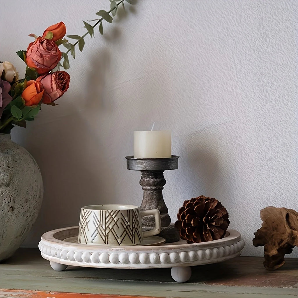 FZBCTLDZ 12" round Decorative Tray for Coffee Table, White Distressed Farmhouse Wood Tray with Beaded Rim, Rustic Home Decor Centerpiece Tray