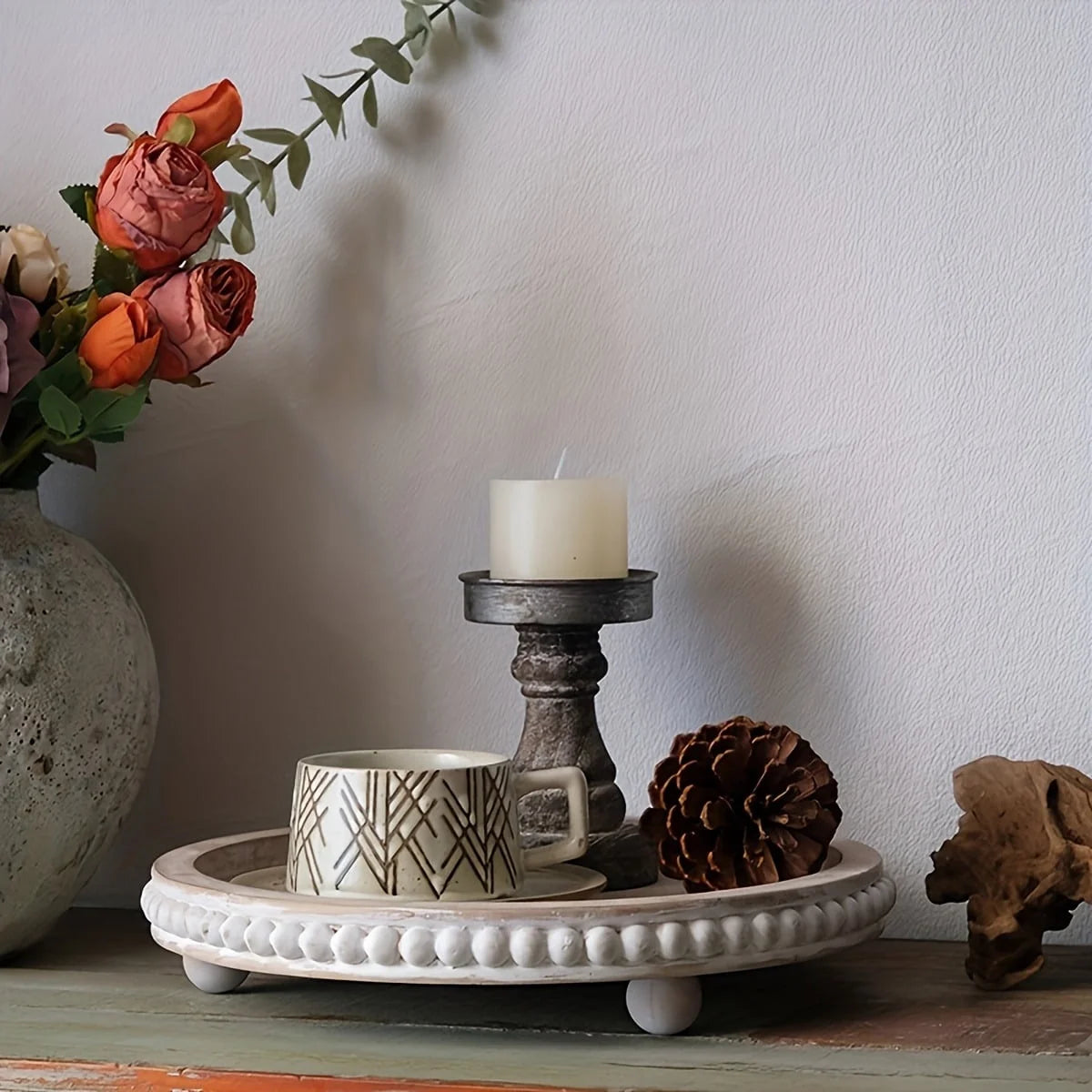 FZBCTLDZ 12" round Decorative Tray for Coffee Table, White Distressed Farmhouse Wood Tray with Beaded Rim, Rustic Home Decor Centerpiece Tray