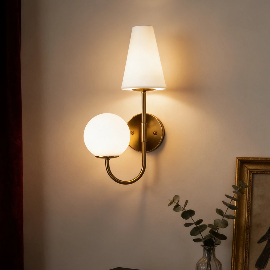 Gold Double-Headed Wall Sconce, Elegant Wall Lamp with Milky White Glass Shade, Metal Wall Light Fixtures for Bedroom