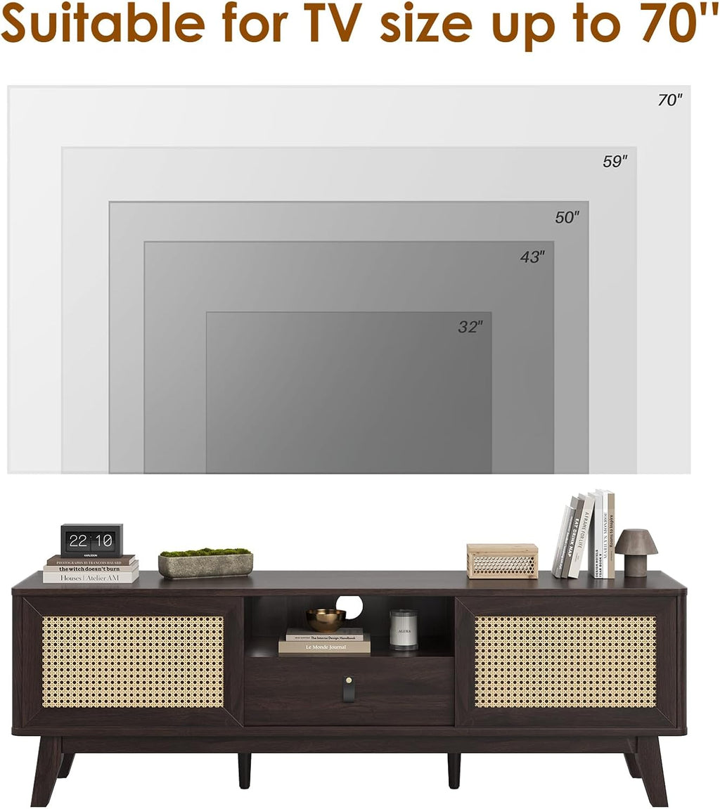 Rattan TV Stand for Tvs, Wood TV Stand Mid Century Modern TV Stand TV Media Console with Drawer and 2 Cabinets, Boho Entertainment Center for Living Room