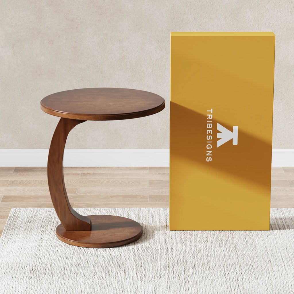 round End Table, Wood C-Shaped Side Table, Small Couch Side Table, Mid-Century End Table, Retro Side Table