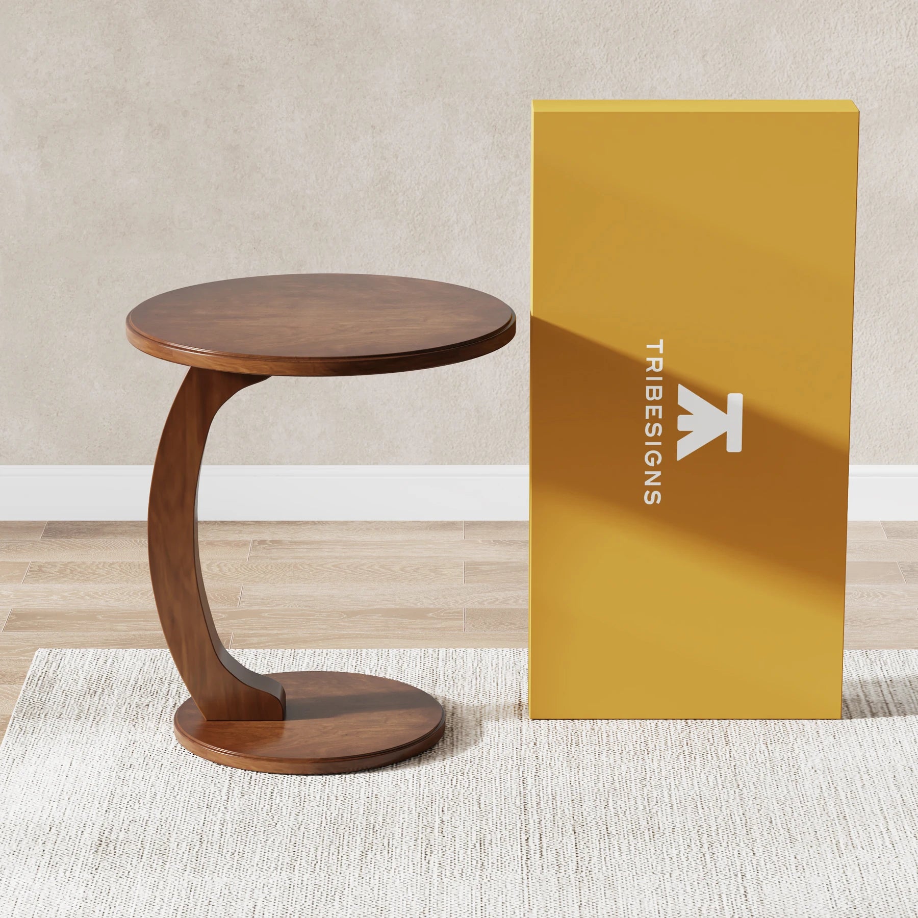 round End Table, Wood C-Shaped Side Table, Small Couch Side Table, Mid-Century End Table, Retro Side Table