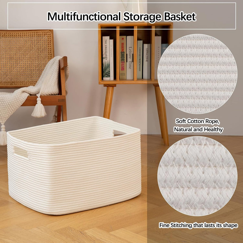 75L Large Blanket Basket, Woven Cotton Rope Baskets for Organizing, 22”X17”X12”, Blanket Basket Living Room, Bedroom, Nursery, Dog Toy Storage Bins, White