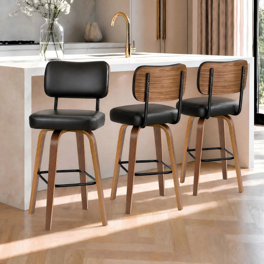 3 Pack Counter Height Bar Stools, Swivel Bar Stools with Back & Wood Legs,Faux Leather Upholstered Counter Stools for Kitchen Counter