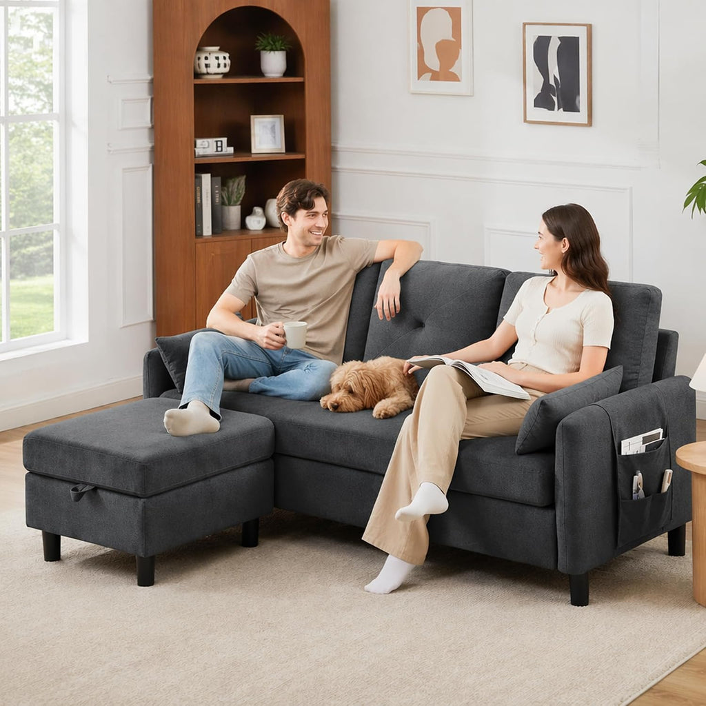 Convertible Sectional Sofa, Small L Shaped 3 Seat Couch with Reversible Storage Chaise, Modern Polyester Fabric Sofa Couches for Living Room, Apartment and Small Space, Dark Grey