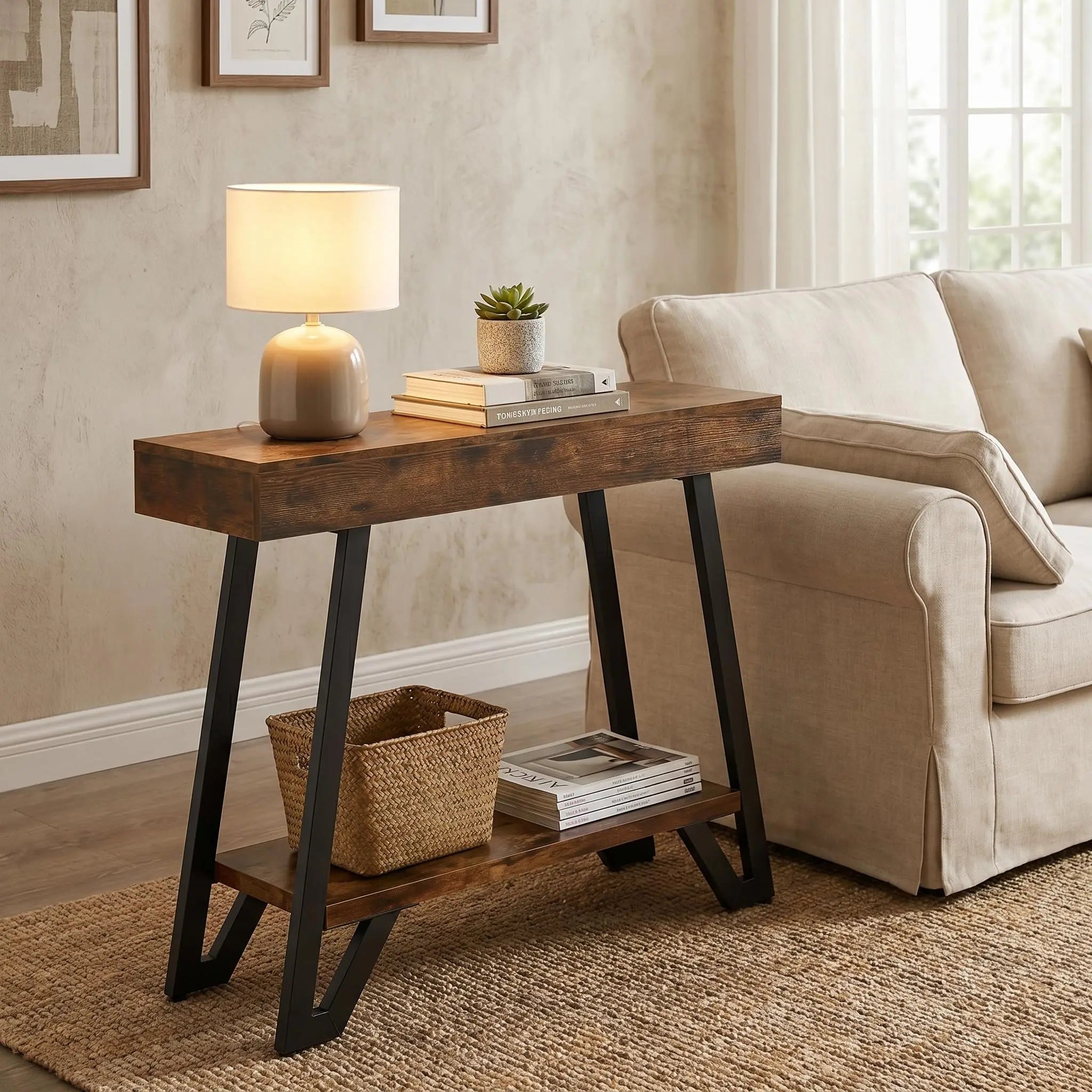 41'' Console Table with Metal Frame, 2-Tier Entryway Tables with Storage Shelves, Hallway Sofa Table for Living Room
