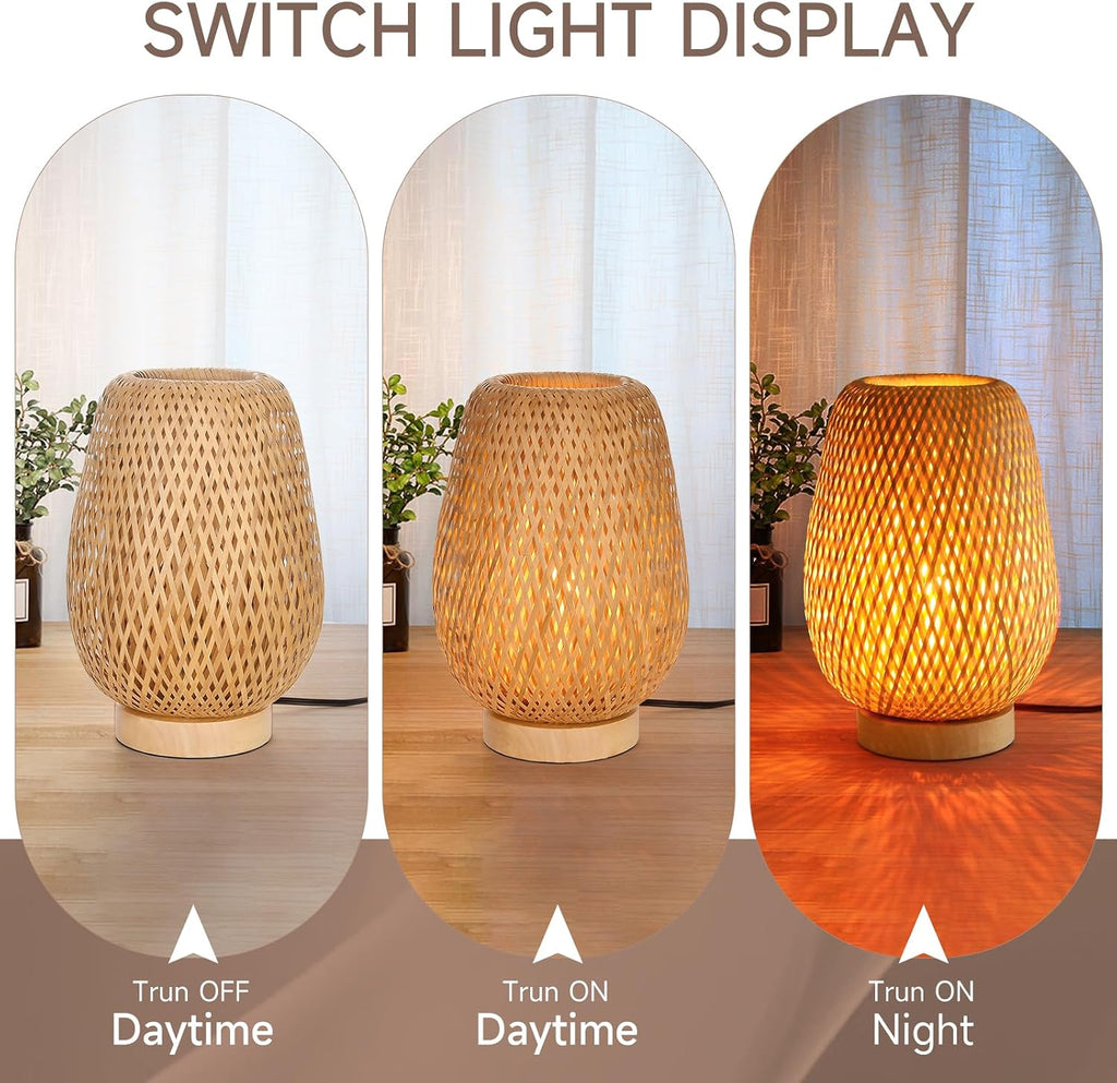 Boho Rattan Table Lamp, Stepless Dimmable Small beside Lamp, Vintage Nature Wicker Wooden Nightstand Boho Bamboo Woven End Table Lamps for Bedroom Living Room Desk Kids Room
