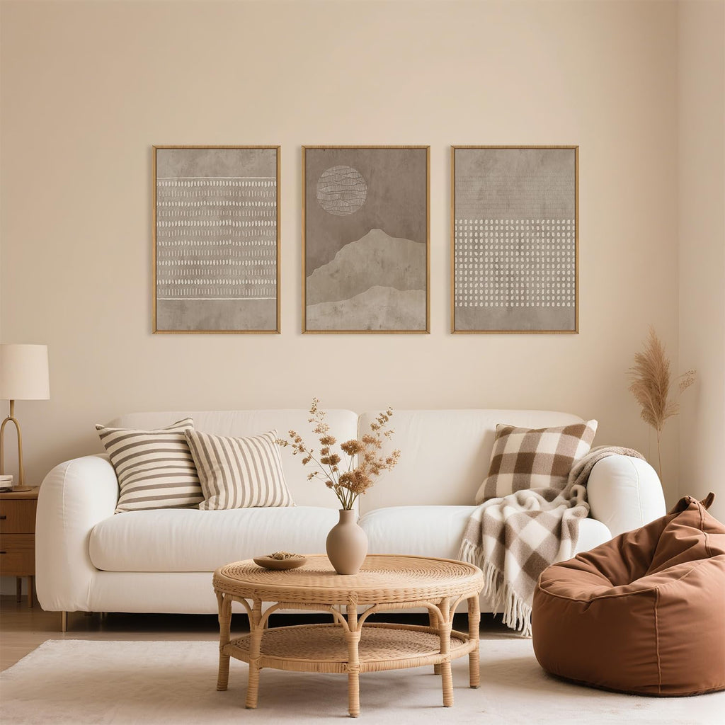 Large Mid Century Tan Beige Framed Canvas Wall Art Set-16"X24"X3 | Neutral Geometric Lines Dots Shapes Wall Decor,Abstract Boho Sunset and Mountain Artwork for Living Room,Bedroom,Office