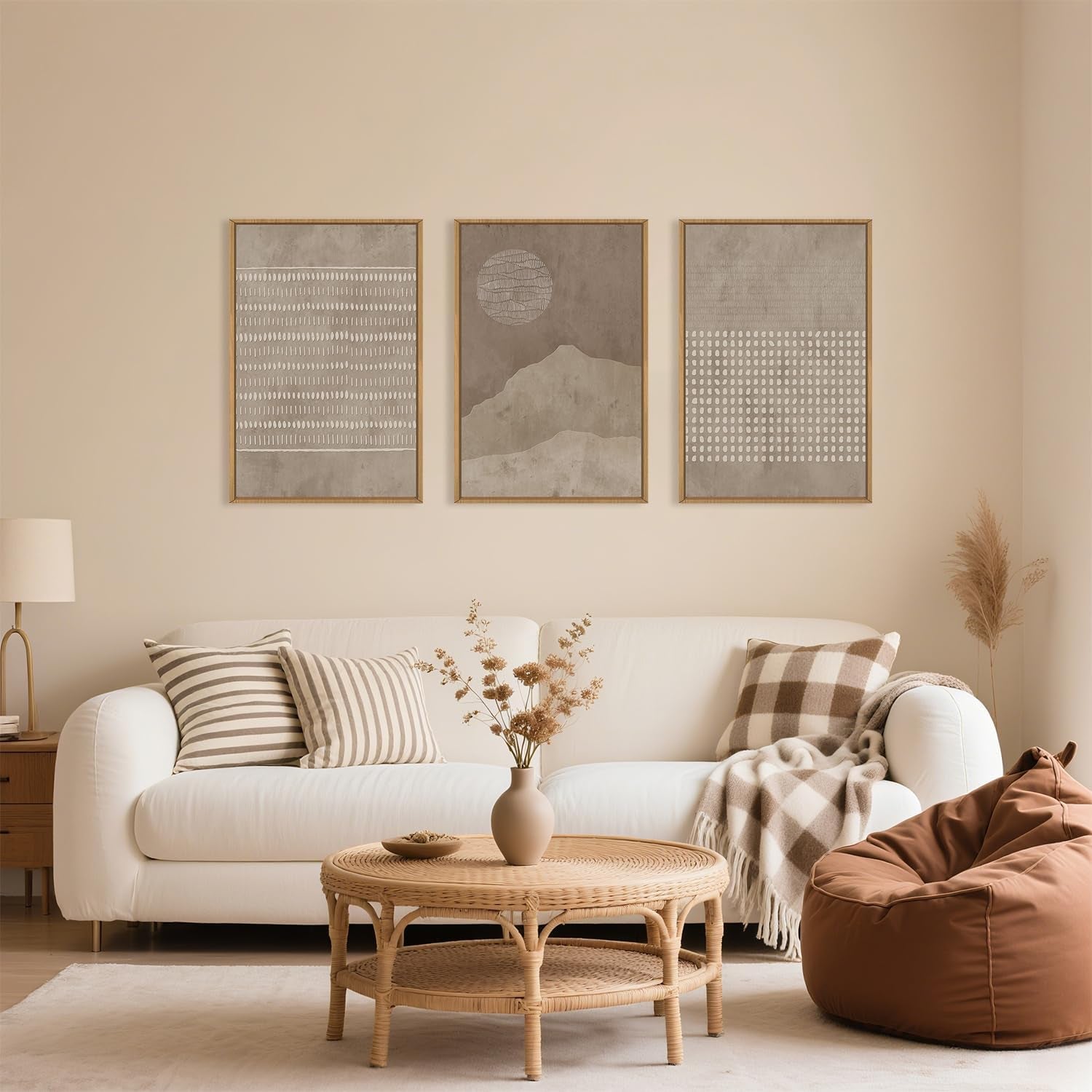 Large Mid Century Tan Beige Framed Canvas Wall Art Set-16"X24"X3 | Neutral Geometric Lines Dots Shapes Wall Decor,Abstract Boho Sunset and Mountain Artwork for Living Room,Bedroom,Office