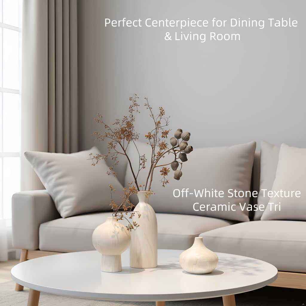 White Ceramic Vase Set of 3, Modern Organic Home Decor | Aged-Stone Texture, Sculptural Silhouettes, Effortless Neutral Styling, Display Together or Separately on Shelves and Mantels