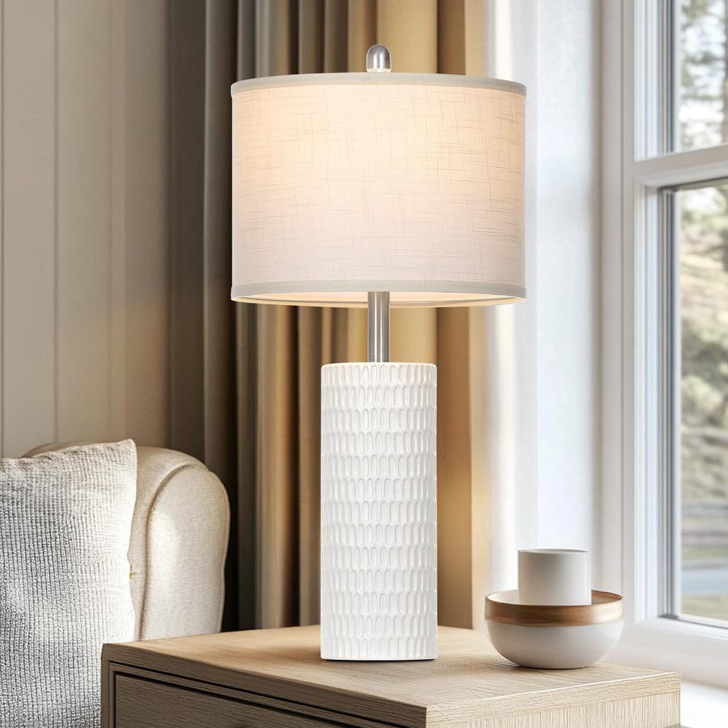 27" Ceramic Table Lamp, Farmhouse Table Lamp for Living Room, White Lamp for Bedroom, Night Stand, Modern Bedside Lamp Set of 2, End Table Lamps, White(2 Bulbs Included)