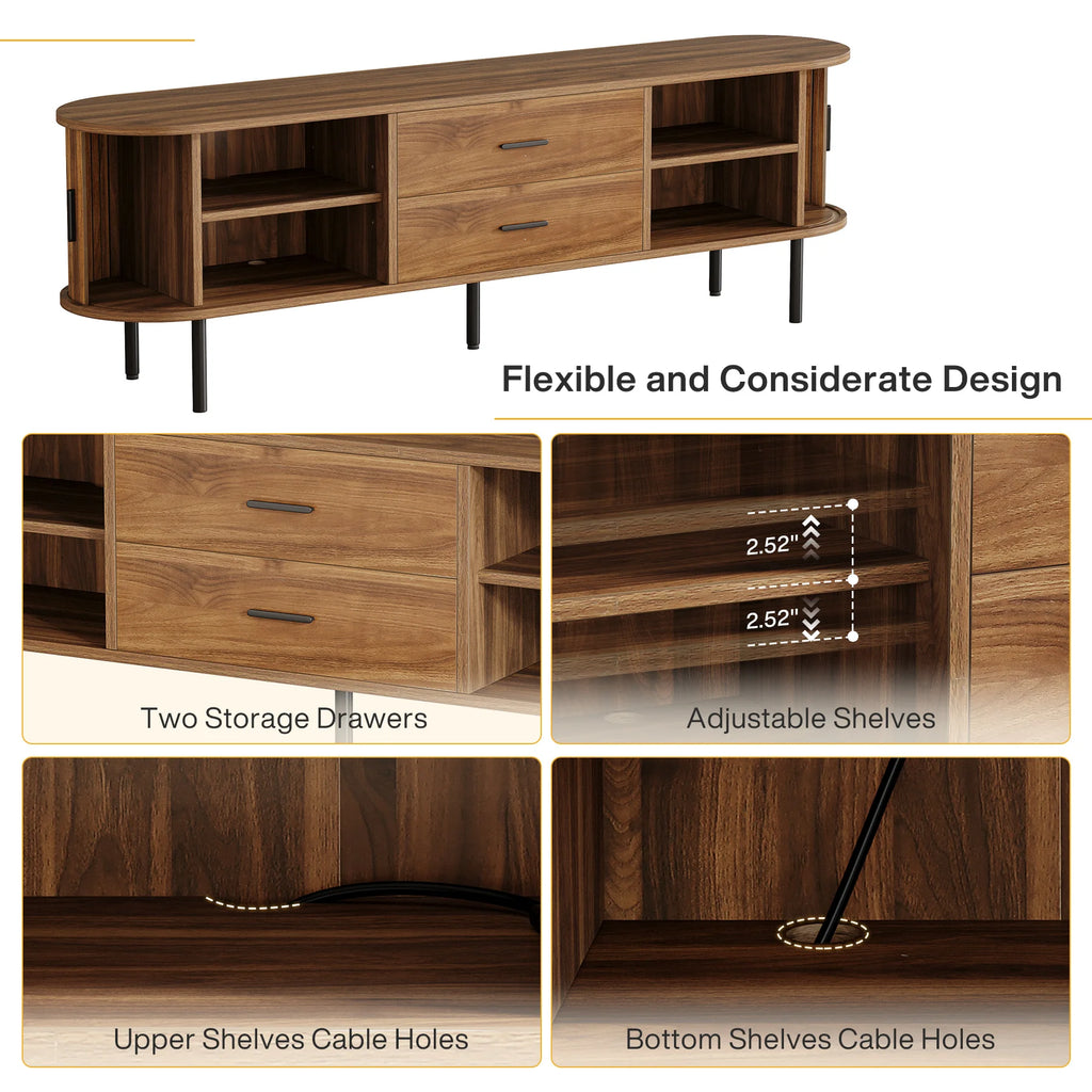 70" Mid-Century Modern TV Stand with Sliding Tambour Door, Drawers and Adjustable Shelves, Long Fluted Entertainment