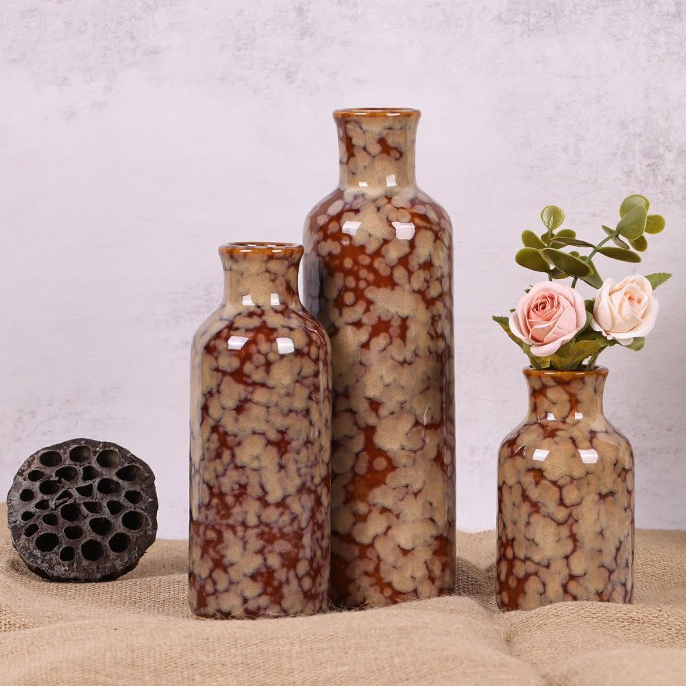 Ceramic Vase Set - 3 Crack Brown Small Vases, Farmhouse Country Flower Vase Home Decor, Living Room Decoration, Table Decoration, Fireplace Decor, and Entrance Decorations Centerpieces