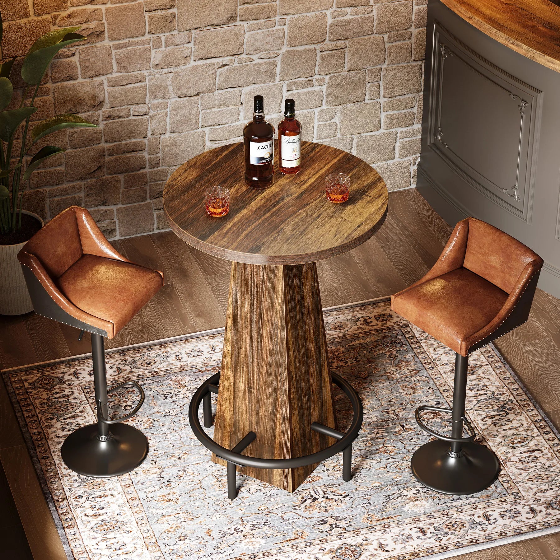 round Bar Table, 37.4" High Pub Table with Metal Footrest, Drink Bar Station for Small Bars, Dining Room, Kitchen, Brown (Only Table)