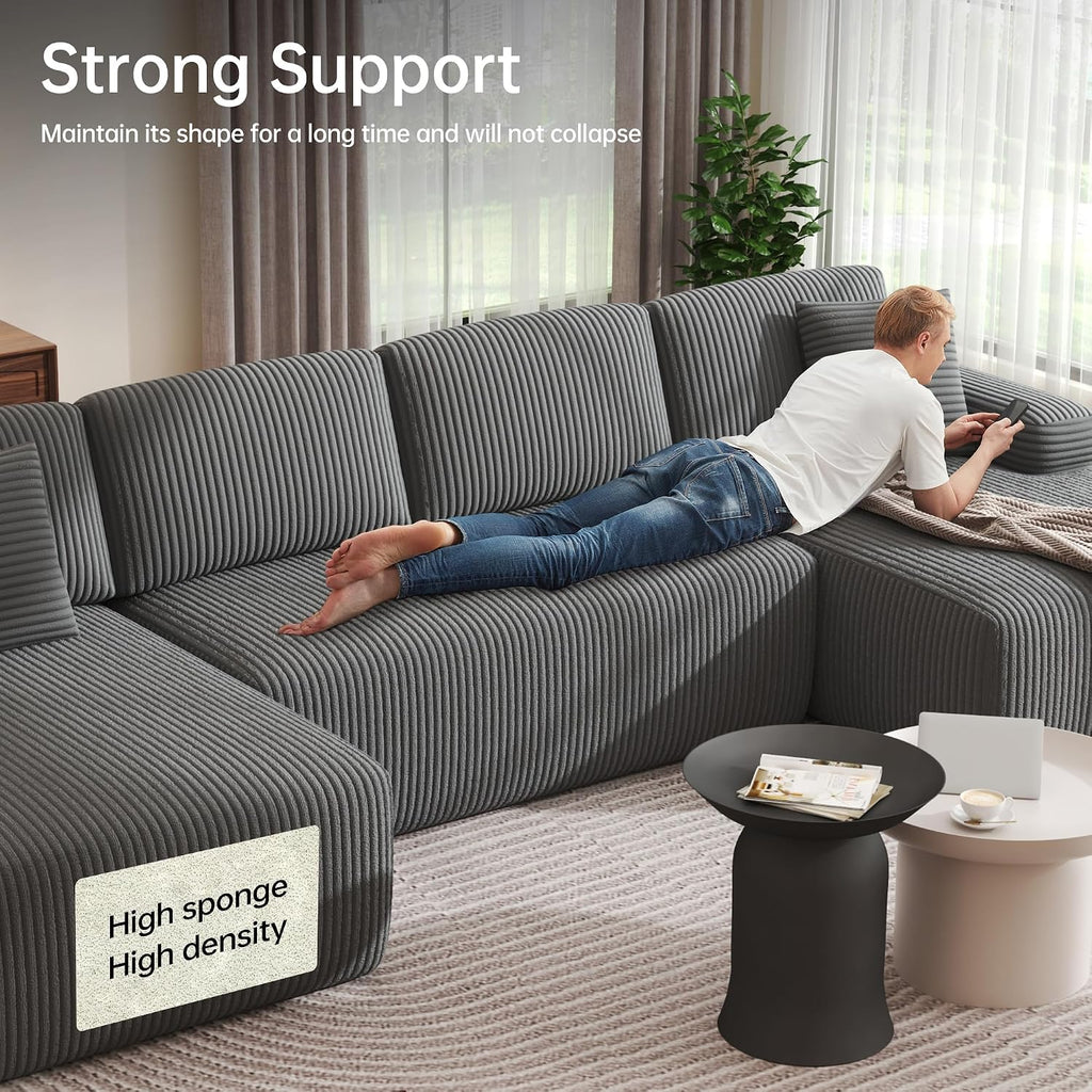 126" Oversized Cloud Couch, U-Shaped Boneless Sectional with Deep Seat Gray | Deep Seat Modular Sofa, Corduroy Boneless Sofa with Chaise, No Assembly Required