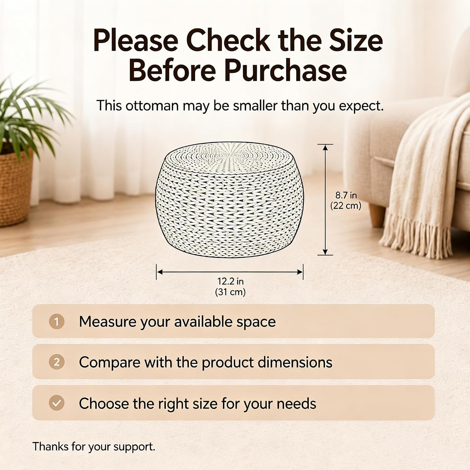 Small Straw Pouf Ottoman, Low Natural Footrest, Dia: 12.2" | Natural, Eco-Friendly, Lightweight, Anti-Slip, Breathable, Boho Tatami Footstool for Living Room Bedroom Patio