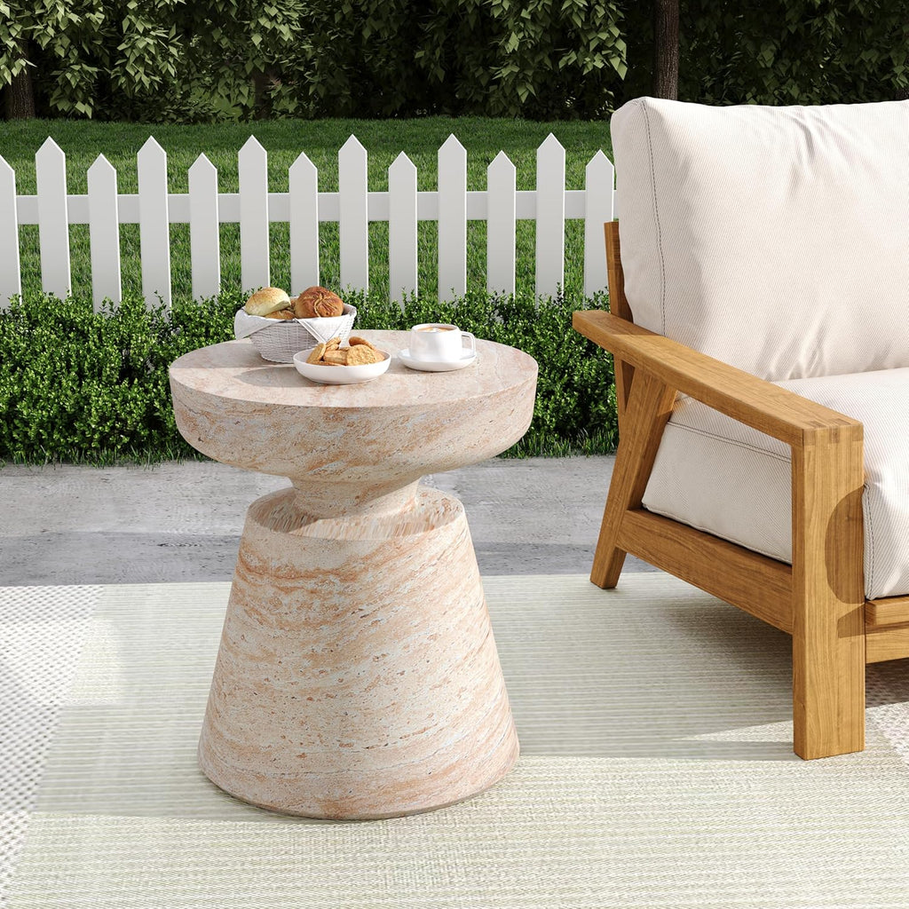 Jaym 20.5" H Indoor Outdoor Accent Side Table, Patio Decorative End Table, round Top Lightweight Concrete Garden Stool for Patio Balcony & Garden Decor, Travertine