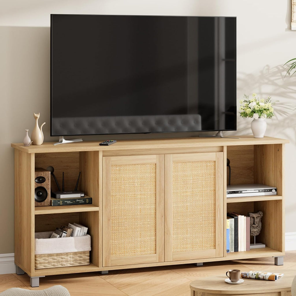 Rattan TV Stand for 65" Tvs, Natural Oak Media Console | Storage Cabinet & Adjustable Shelves, Boho Media Console, Natural Oak Finish, Rattan Doors, Living Room Bedroom