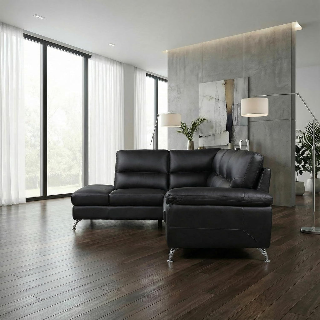 Contemporary Boston Genuine Leather Sectional Sofa with Left Chaise Lounge, Black 80"X98"