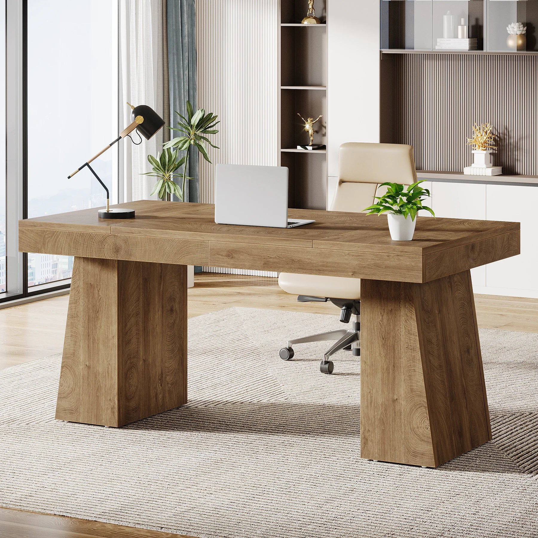 55-Inch Executive Desk, Large Wood Office Computer Desk with Double Pedestal, Modern Minimalist Workstations