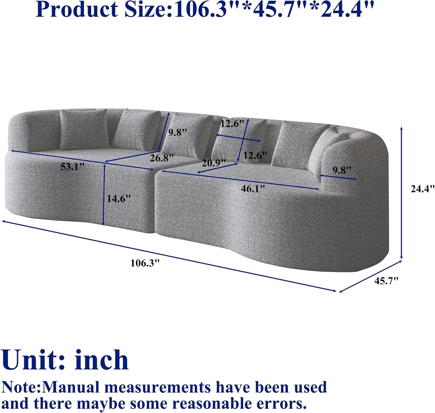 106.3" Curved Sectional Sofa, Oversized Cloud Couch with 6 Pillows, | Deep Seat Sofa for Living Room, Guest, Bedroom, No Assembly Required, Gray