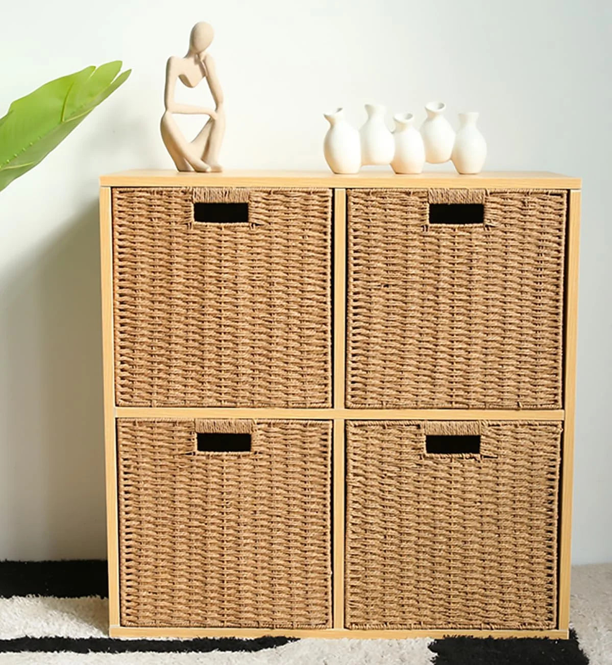 8.6 Inch Set of 2 Wicker Baskets, Woven Storage Baskets for Shelves with Handles, Foldable Cube Storage Basket Bins