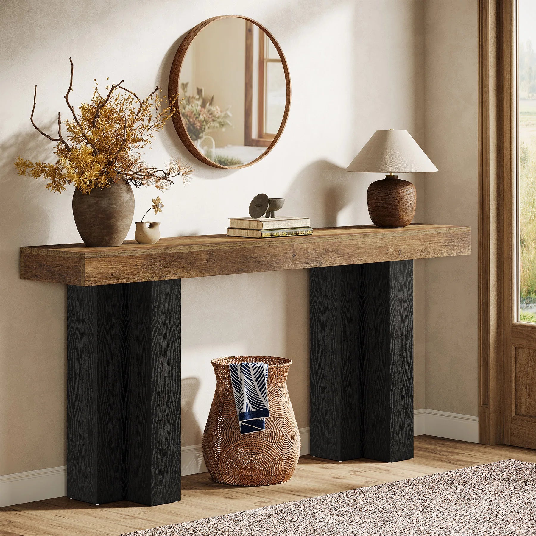 63-Inch Console Table for Entryway, Farmhouse Entryway Table with Sturdy Legs, Narrow Long Sofa Console behind Couch for Living Room, Hallway, Foyer, Rustic Brown and Black