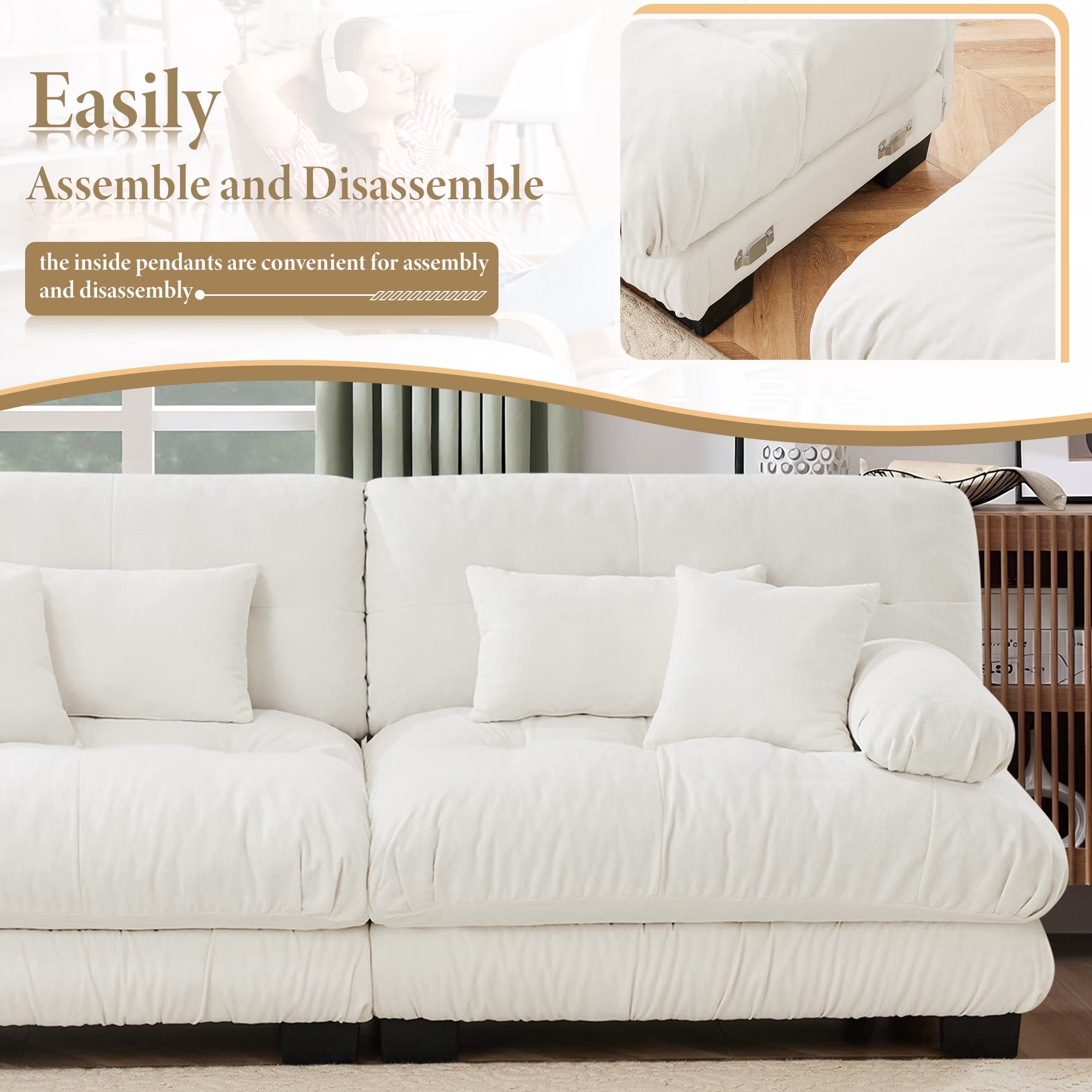 133.8" Modular Sectional Sofa, Oversized Modern 3 Seater Sofa Set, Tufted Cloud Couches for Living Room (Chenille White, 3 Seater)