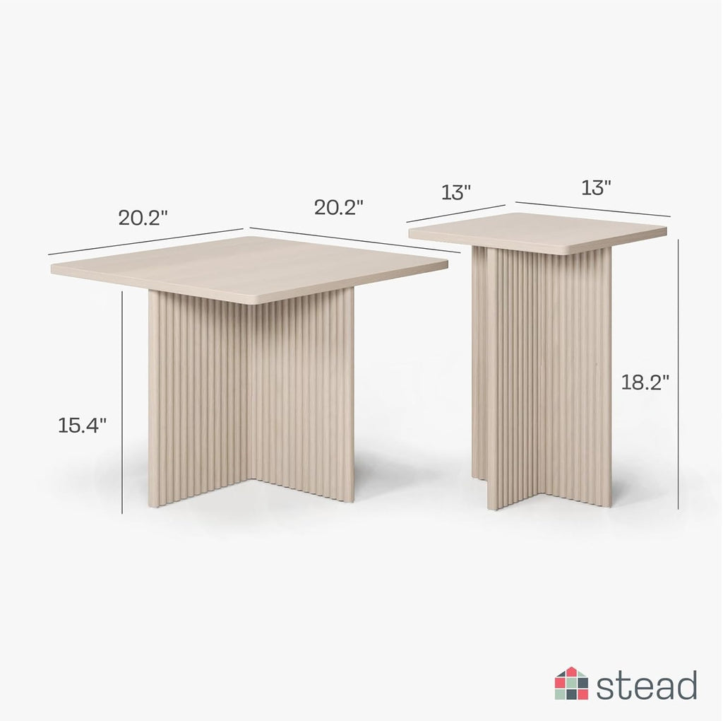 Square Nesting Coffee Table Set - Fluted Oak Base Center Table for Living Room - Wood Grain Veneer Top Living Room Ensemble Set - Easy Assembly Nesting Duo - Weathered White, 2-Piece