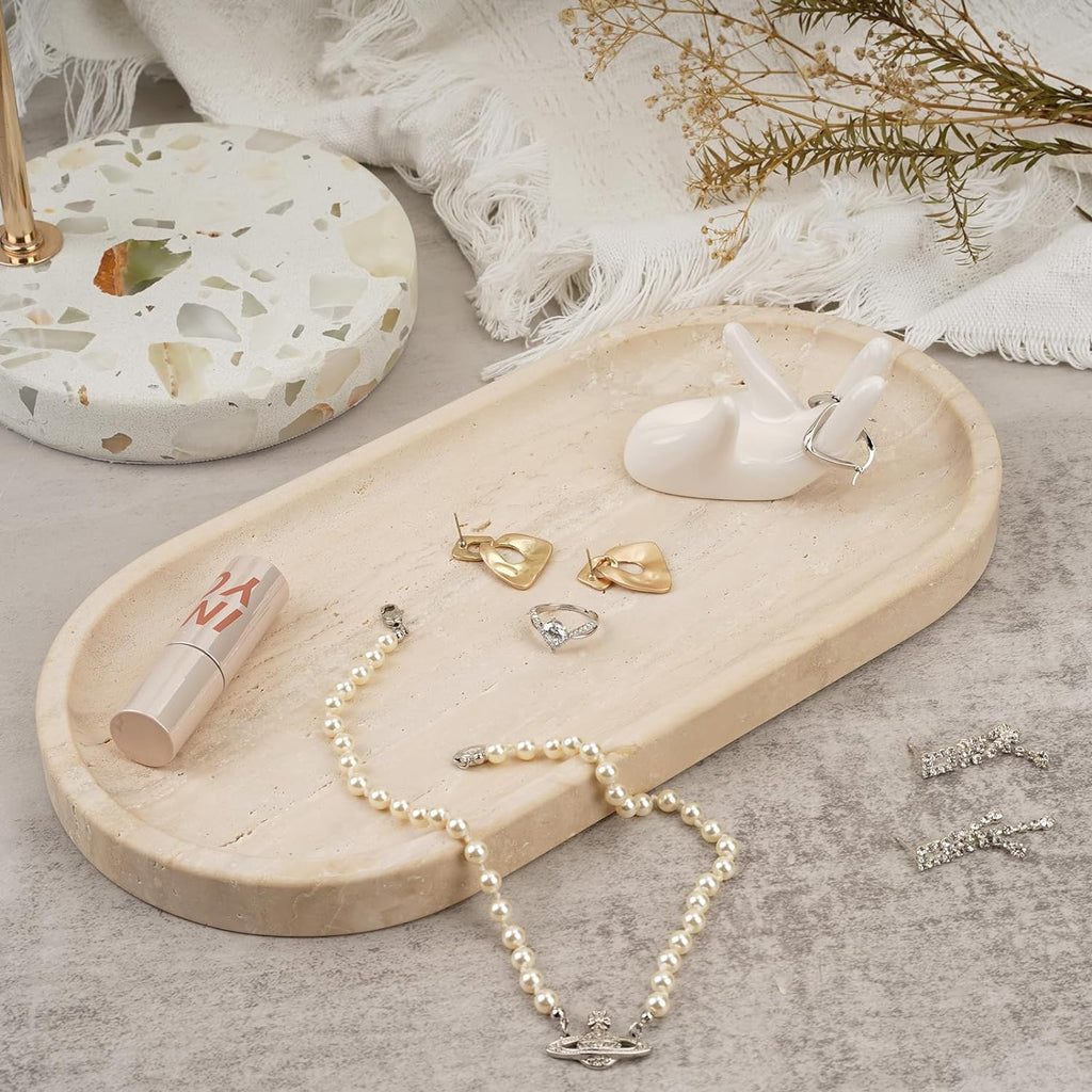 Italian Travertine Tray, 12"X6" Vanity Decorative Marble Tray for Countertop, Catchall Tray for Perfume, Candles, Jewelry Dish Tray