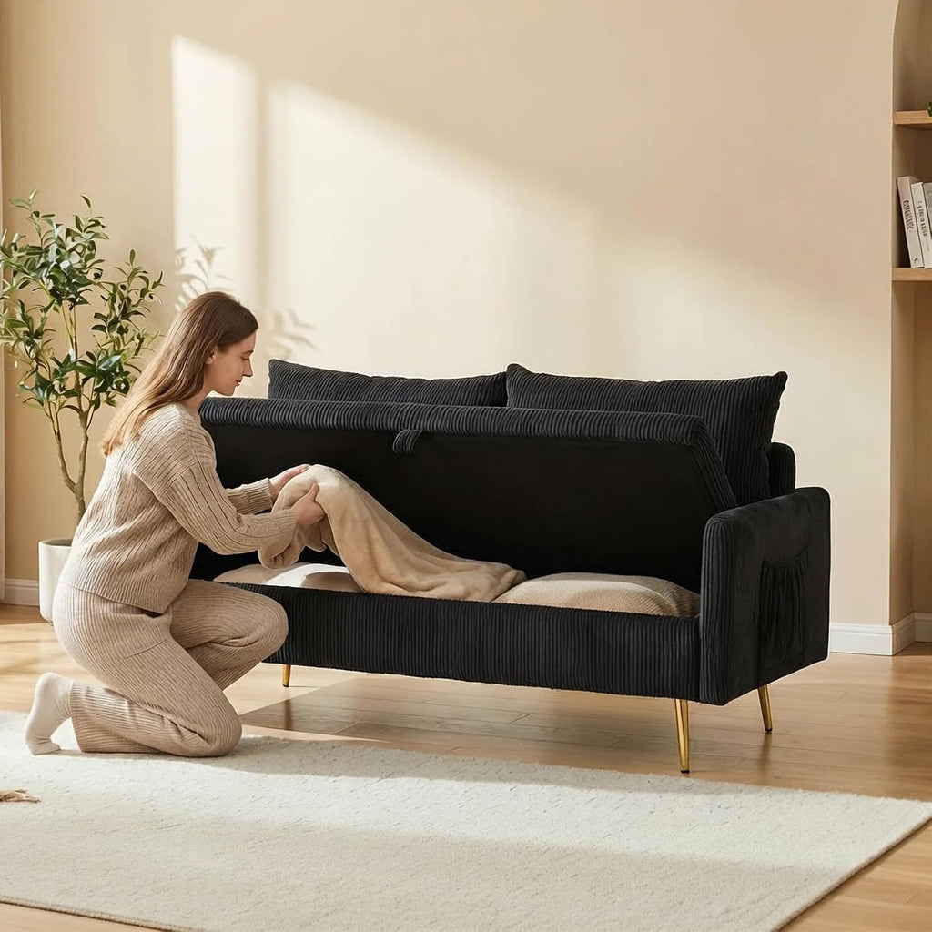 2 Seater Loveseat with Storage, 61" Corduroy Couch for Small Living Room, Bedroom, Tiny Homes & Lofts, Black