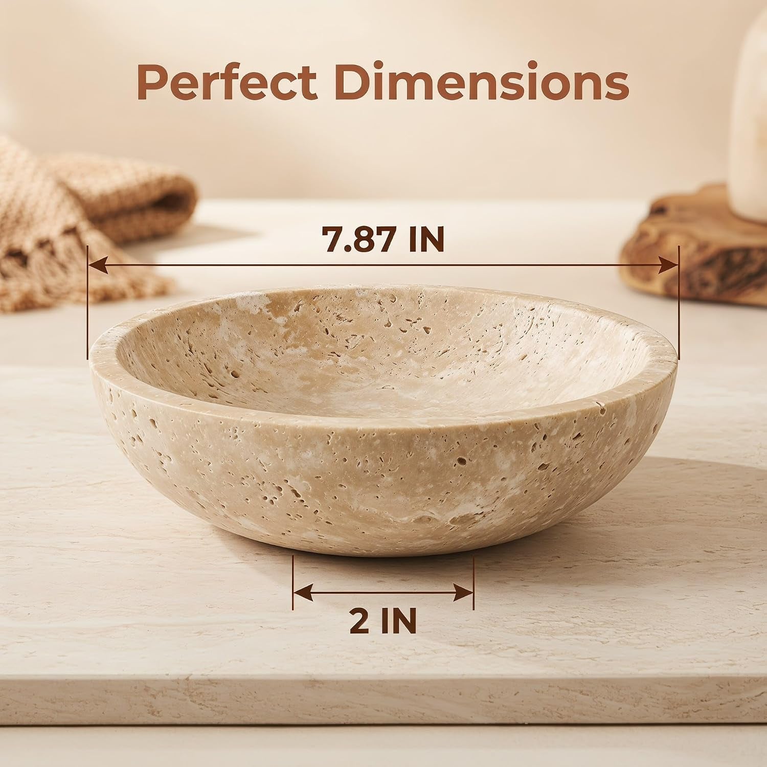 7.87" Natural Travertine Stone Decorative Bowl,Beige, Limestone | Marble Bowl (Decorative Bowl) Functions as Fruit Bowl & Key Bowl; Smooth Beige Finish; for Coffee Table & Kitchen Counter