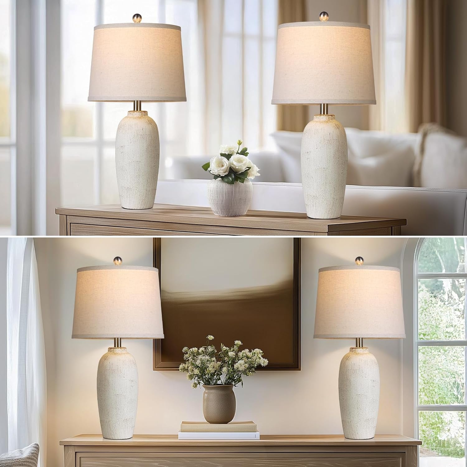 Jar Table Lamps Set of 2, 25" Ceramic Bedside Lamps for Bedroom, Beige Farmhouse Nightstand Lamps for Living Room