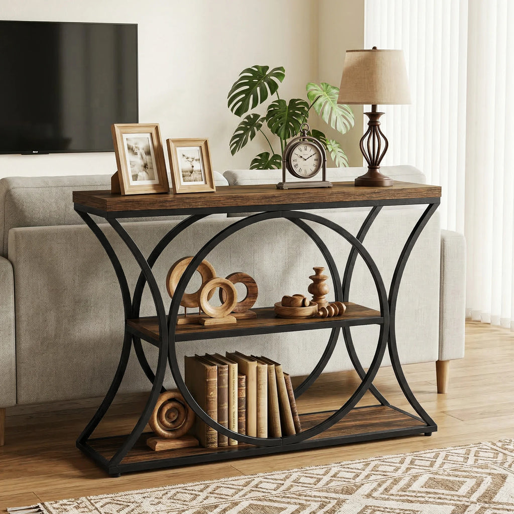 43.34-Inch Industrial Console Table, 3-Tier Sofa Table with Arched Metal Frame, Narrow Accent Entryway Tables with Storage Shelf for Living Room, behind Couch, Hallway, Foyer, Small Spaces