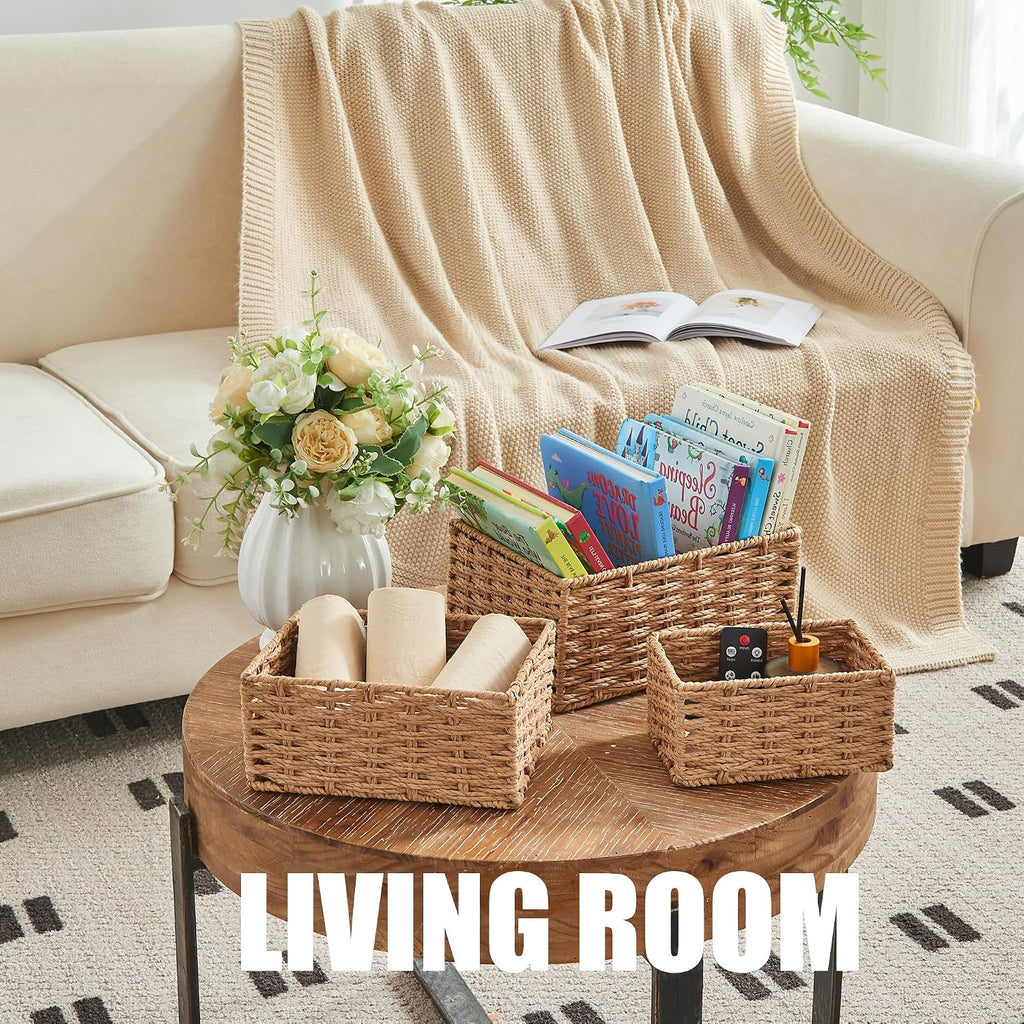 Small Wicker Basket for Organizing, Woven Storage Basket Sets of 3 | Handwoven Natural Paper Rope Baskets to Declutter Any Room, Perfect for Organizing and Home Decor