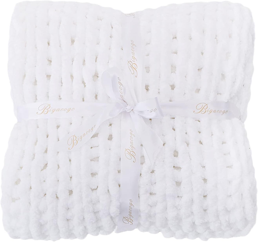 Chunky Knit Throw Blanket for Couch, 80X90 Inches, Pure White | Hand Knit with Jumbo Chenille, Soft Breathable Cable Knit for Sofa Bed Living Room, Machine Washable, Gift for Mom Friend