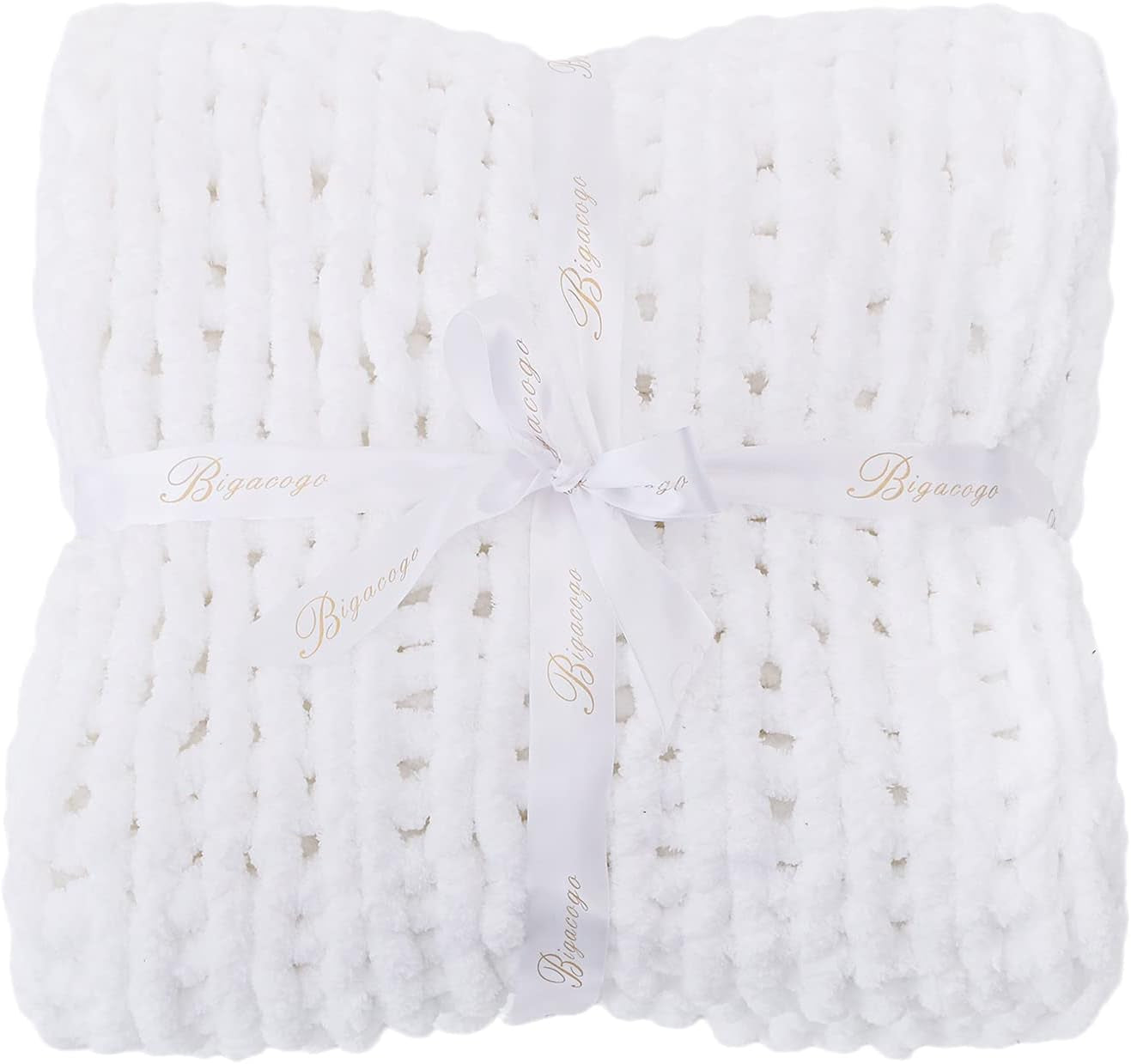 Chunky Knit Throw Blanket for Couch, 80X90 Inches, Pure White | Hand Knit with Jumbo Chenille, Soft Breathable Cable Knit for Sofa Bed Living Room, Machine Washable, Gift for Mom Friend