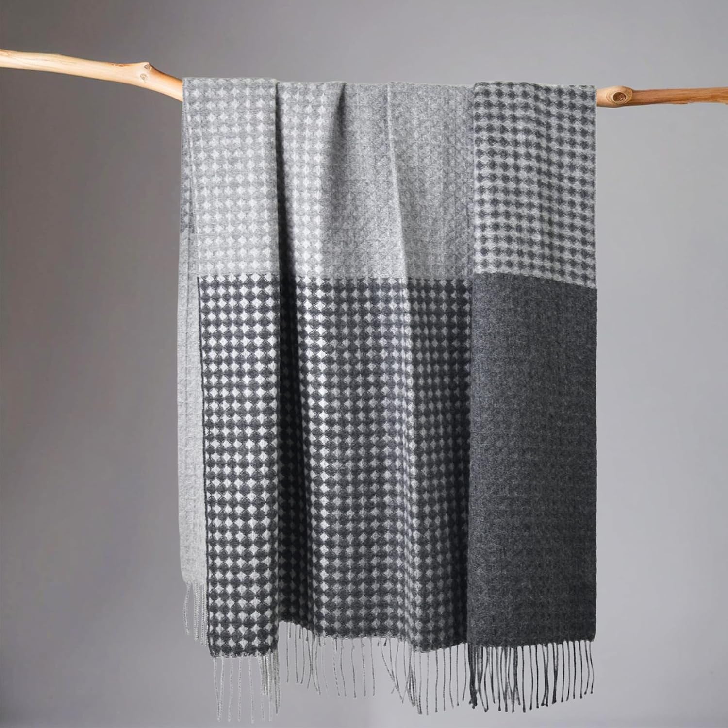 100% Wool Throw Blanket 78 X 47 Inches for Couch Sofa, Reversible Diamond Check Plaid Pattern with Fringe Soft Breathable Cozy Wool Blanket for Living Room and Bed Gray Black Multicolor