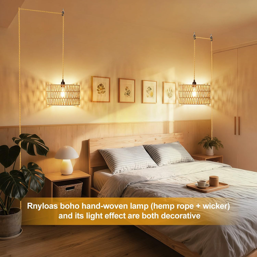 Wicker Pendant Light Plug In, Hand-Woven Jute Swag Light with Adjustable Cord, Boho Plug in Pendant Light Rattan Hanging Lamp for Living Room, Dining Room, Corridor Foyer, Gift Use(Nobulb)