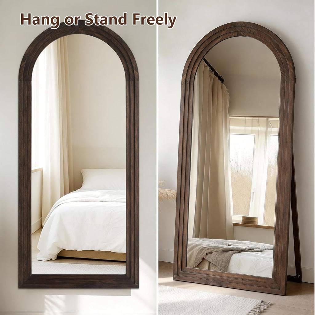 Large Arched Wood Mirror Full Length, 71"X32" Rustic Floor Mirror | Farmhouse with Stand, for Bedroom Living Room Dressing Room Entryway, Free Standing Leaning or Wall Mounted, Brown