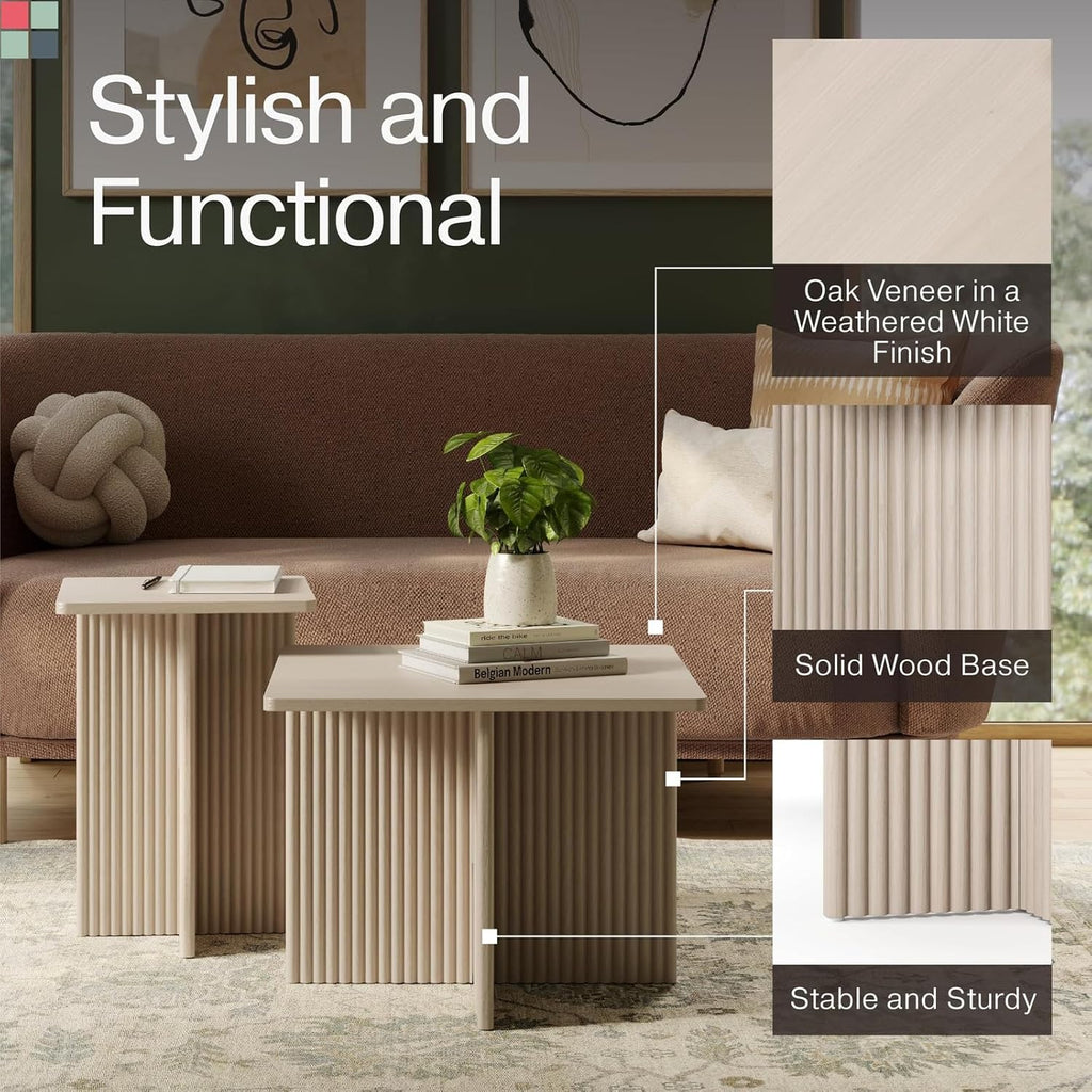 Square Nesting Coffee Table Set - Fluted Oak Base Center Table for Living Room - Wood Grain Veneer Top Living Room Ensemble Set - Easy Assembly Nesting Duo - Weathered White, 2-Piece