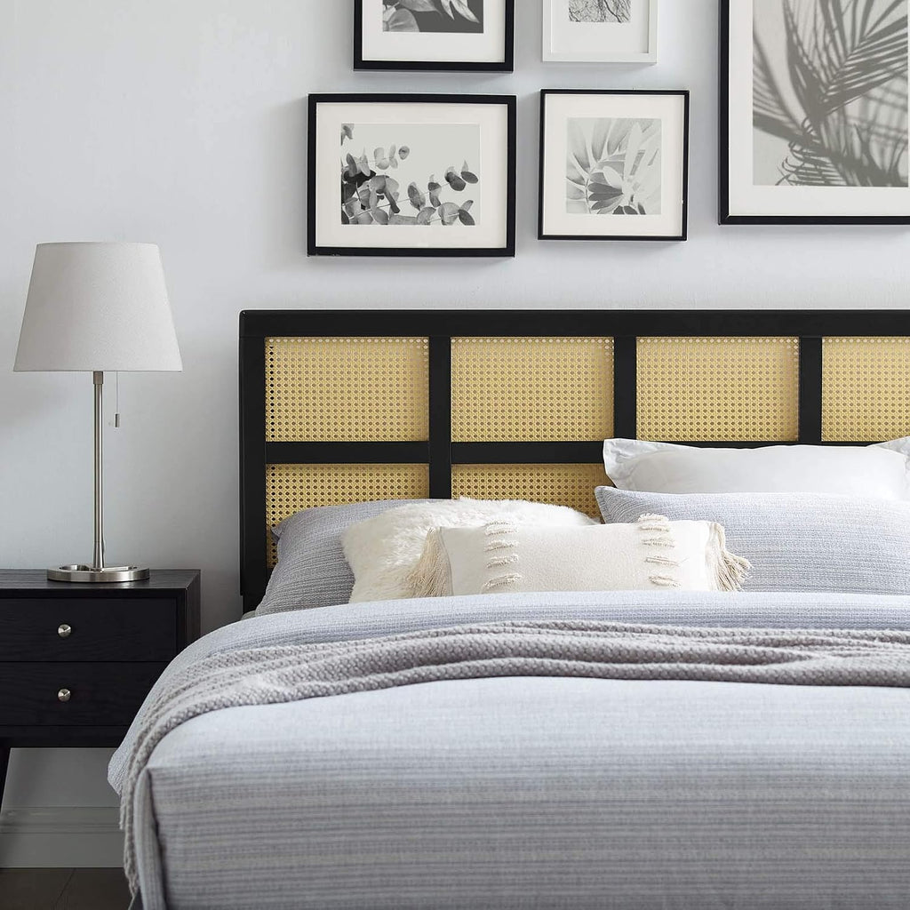 Black cane woven rattan queen headboard