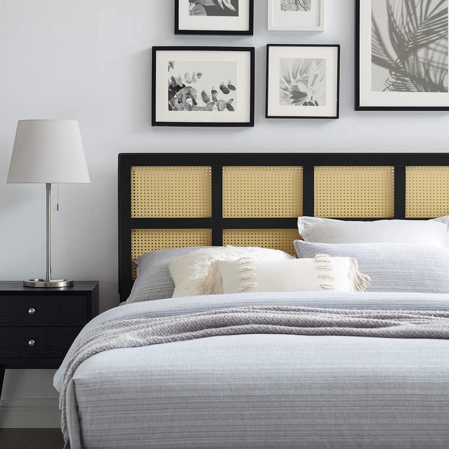 Black cane woven rattan queen headboard