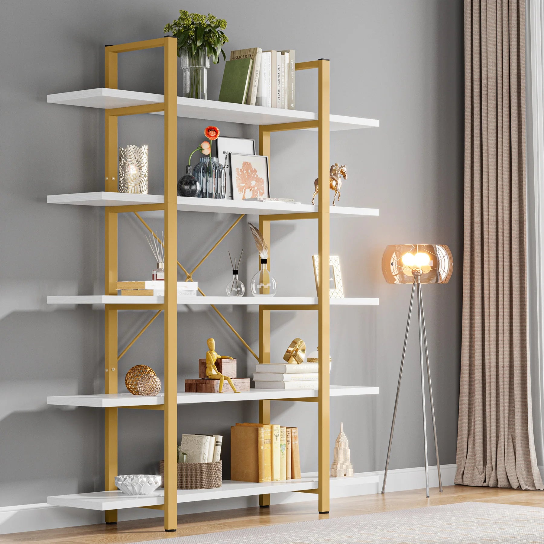 5-Tier Bookshelf, Vintage Industrial Style Bookcase 72 H X 12 W X 47L Inches