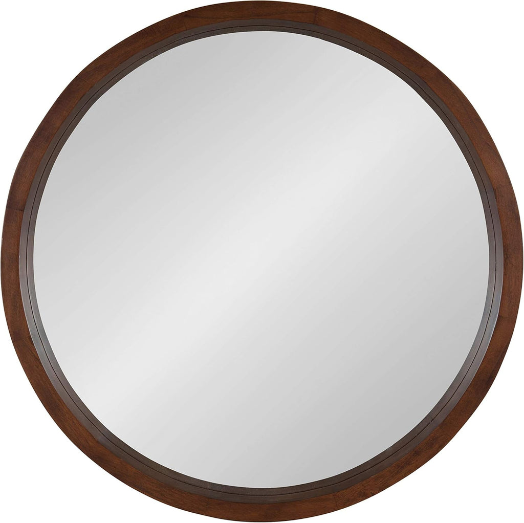 Hutton round Decorative Modern Wood Frame Wall Mirror, 22 Inch Diameter, Walnut Finish